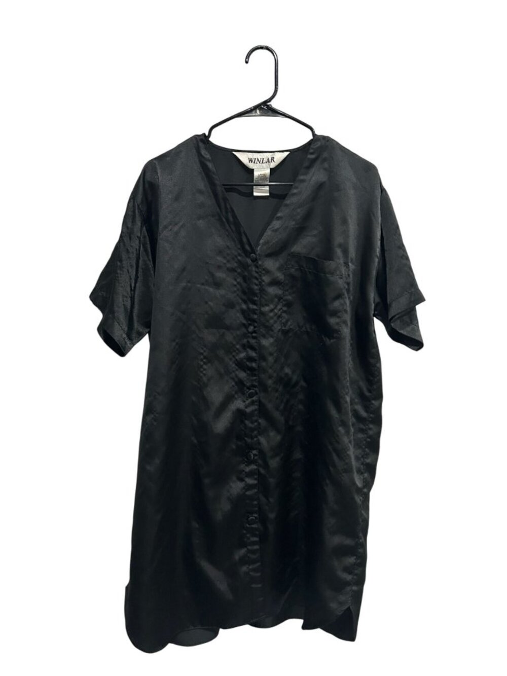 Winlar Large Black Satin Button Front Short Sleeve Nightshirt Minimalist Retro